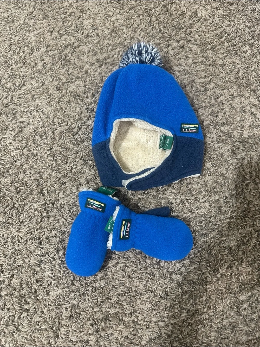 L.L. Bean Bright Blue and Navy Fleece Earflap Hat with Pom and Mittens